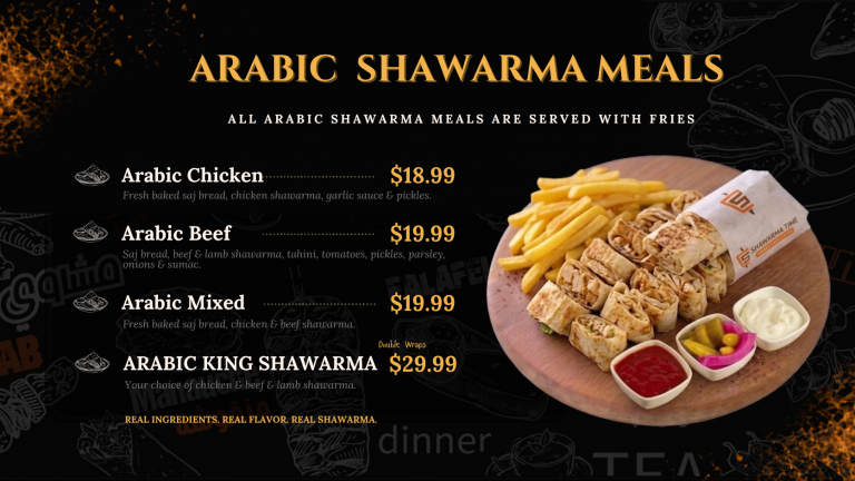 Arabic shawarma meals, shawarma plates, rice bowls and salads menu at Shawarma Time Vancouver