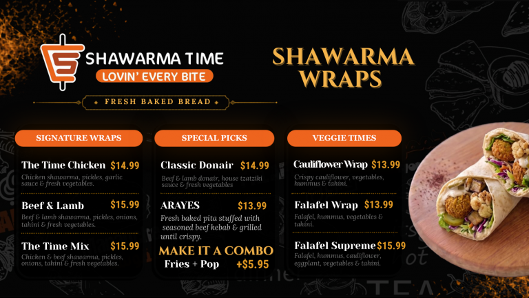 Shawarma Time signature wraps menu featuring chicken shawarma, beef shawarma, donair and falafel wraps in Vancouver