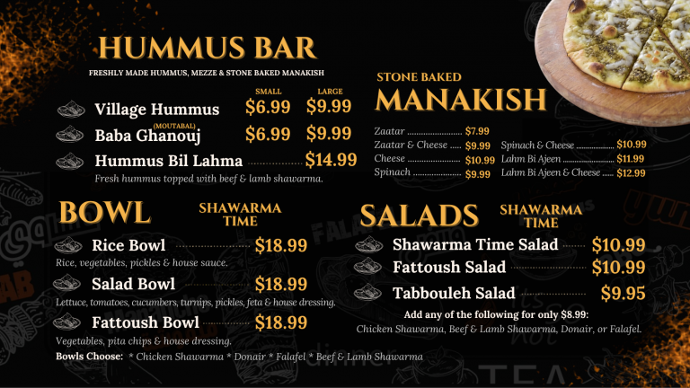 Hummus bar, baba ghanouj, mezze platter and stone baked manakish menu at Shawarma Time Vancouver