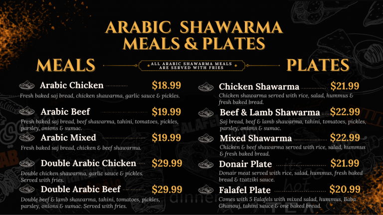 Complete Shawarma Time menu featuring shawarma wraps, kebabs, plates, manakish, salads and desserts in Vancouver