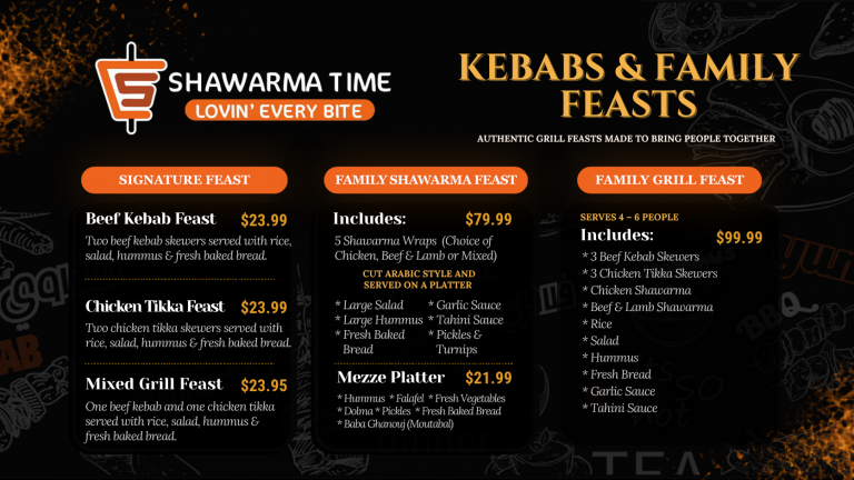 Beef kebabs, chicken tikka, mixed grill and family feast menu at Shawarma Time Vancouver