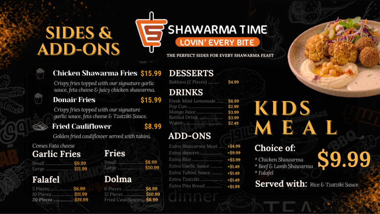 Loaded shawarma fries, falafel, drinks and baklava dessert menu at Shawarma Time Vancouver